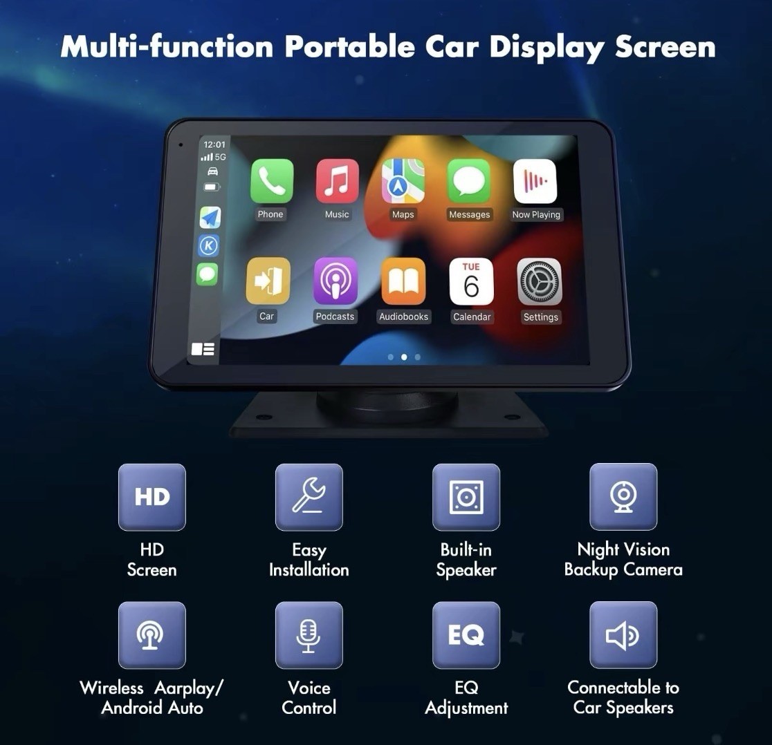 Hieha 7″ Double DIN Car Stereo Apple Carplay Android Auto Compatible