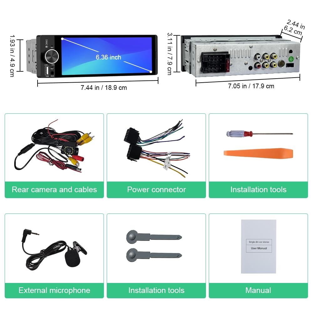 Single Din Car Stereo, 6.36 Inch CarPlay & Android Auto HD IPS Touchscreen Ra…