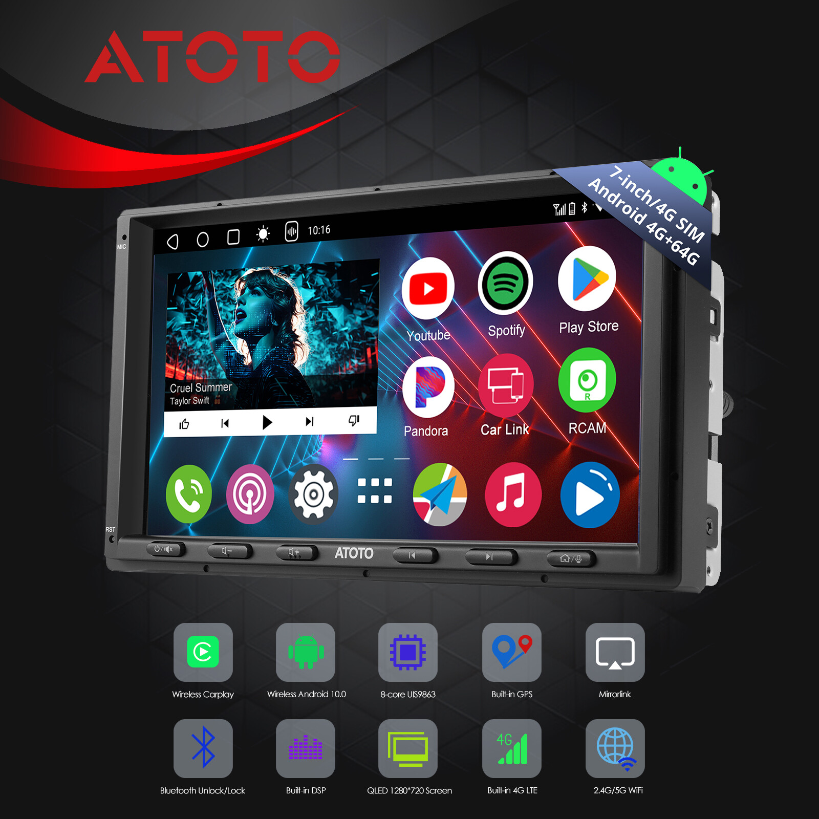 ATOTO 7 inch 4G+64G Double 2 DIN Car Stereo Apple Carplay Android 10 Radio WifI