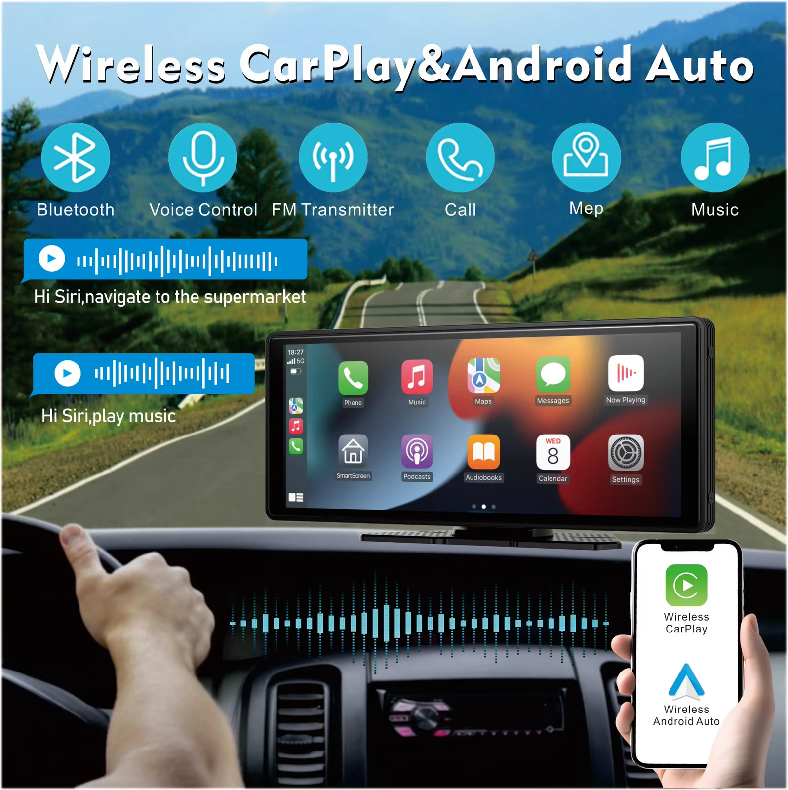 Universal Portable Wireless Carplay Screen for Car with Android Auto Touchscreen