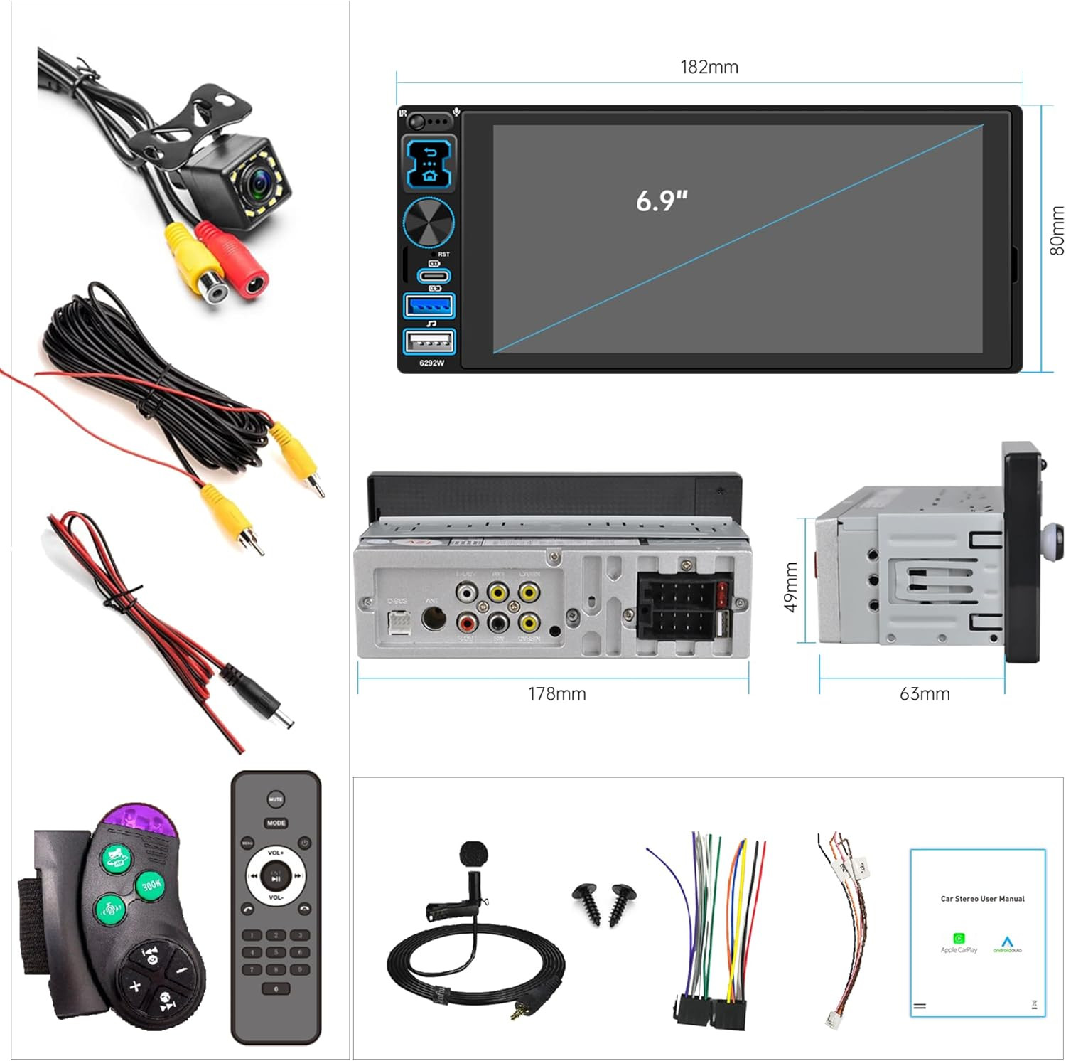 6.8″ Single Din Car Stereo Wireless CarPlay touchscreen Bluetooth Radio USB CAM