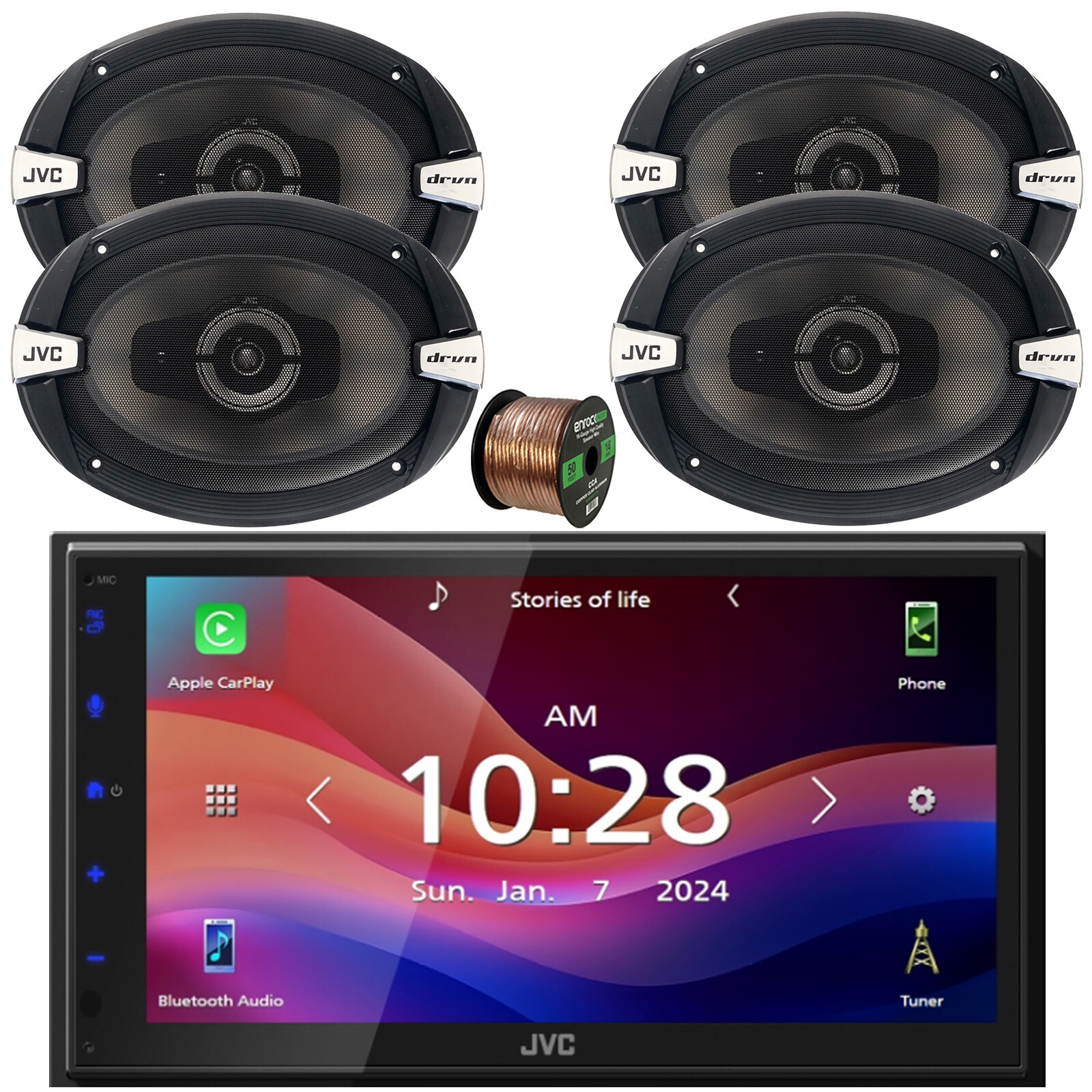 JVC KW-M695BW WiFi Bluetooth Stereo Receiver, 4x 6×9″ 500W Speakers w/Wire