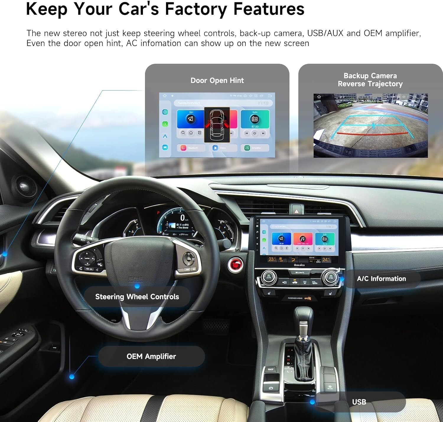Dasaita 9″ Car Stereo for Honda Civic 2015-2022 Apple Carplay 4G LTE DTS 4+64G
