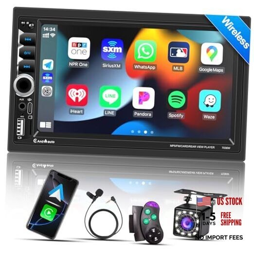 Wireless Apple CarPlay Double Din,7″ Car Bluetooth 5.2,FM Car Radio,IPS