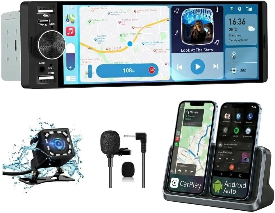 Single Din Car Stereo Universal, 6.36 Inch CarPlay & Android Auto IPS Touchsc…