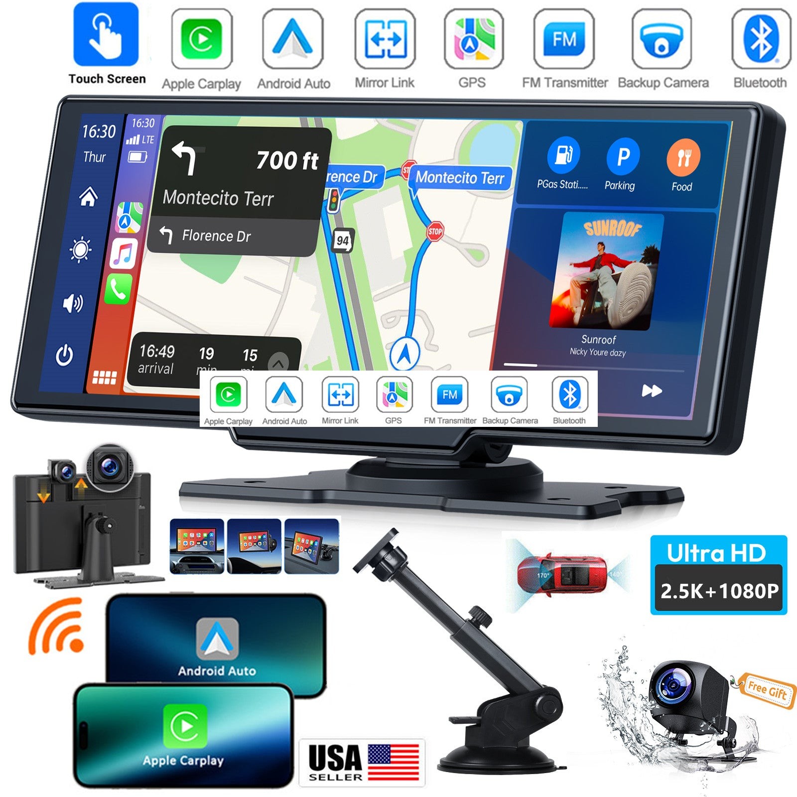 Wireless Apple Carplay Android Auto Car Stereo 2.5K+AHD 1080P Dash Cam DVR 64GB