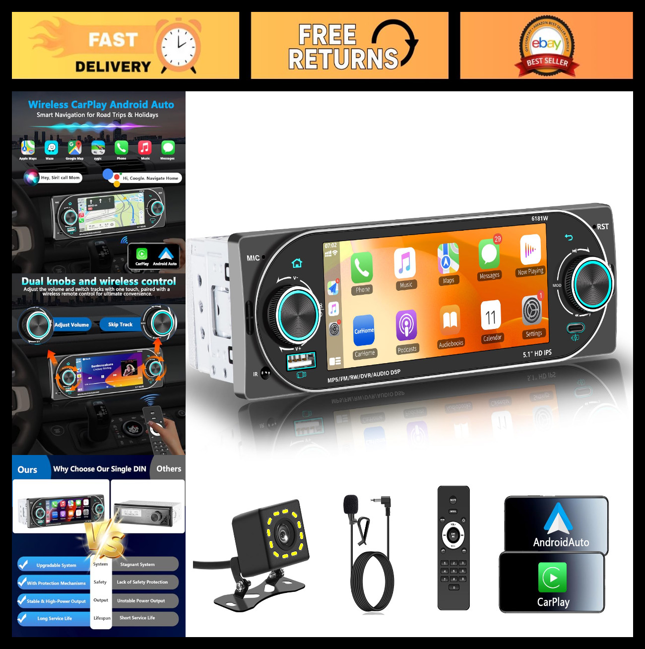 Wireless Apple CarPlay Single DIN Car Stereo, HD Touchscreen, Bluetooth 6.0, USB
