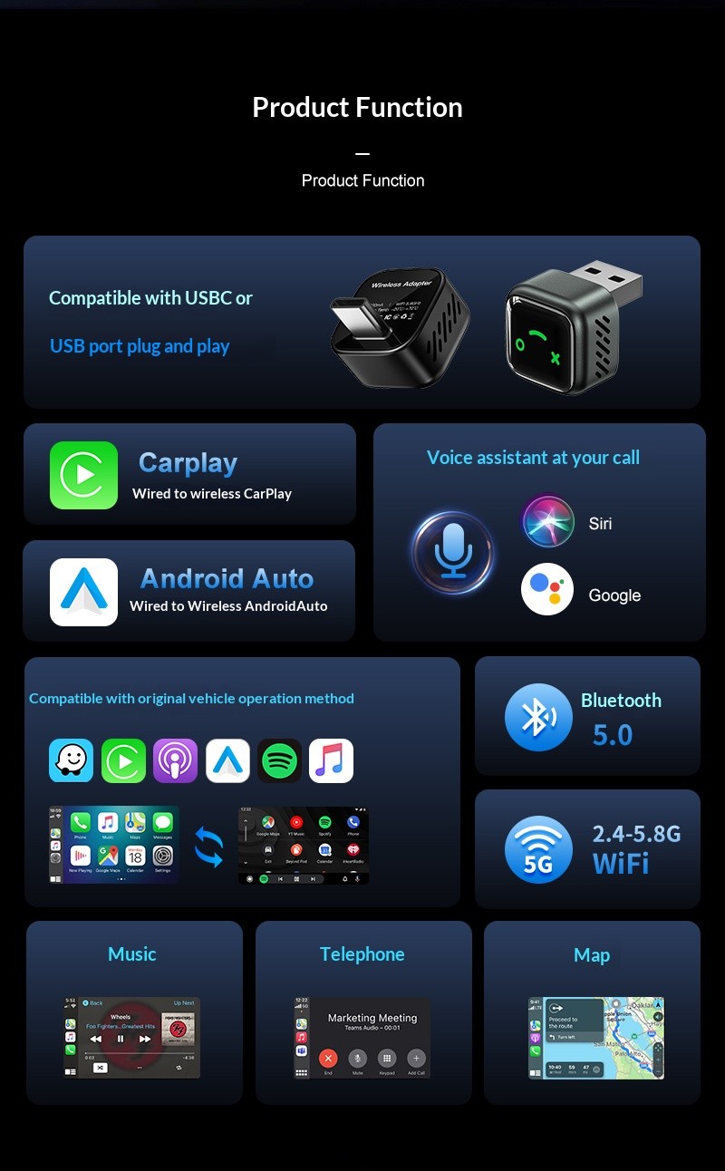 USB Auto Wireless CarPlay Adapter For Apple Android Wireless Dongle Plug ＆ Play