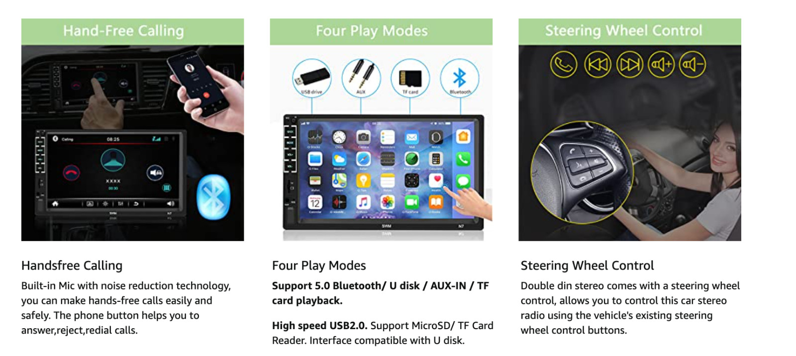 7″Car Stereo Touch Screen Car Audio Receiver Double Din FM Radio Bluetooth Video