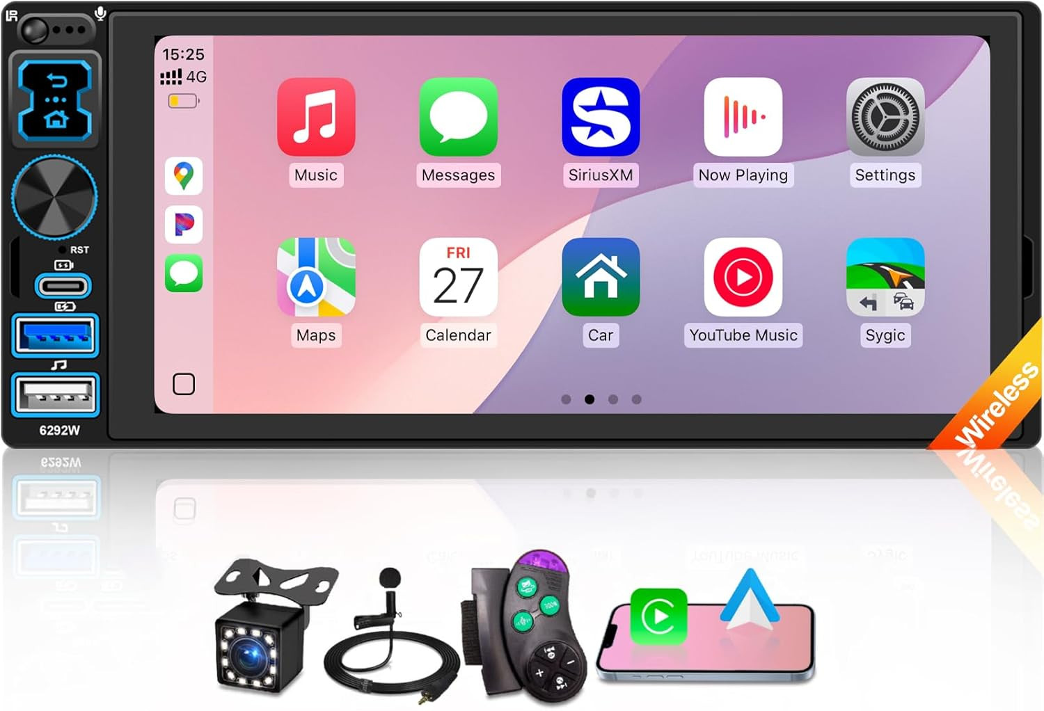 6.8″ Single Din Car Stereo Wireless CarPlay touchscreen Bluetooth Radio USB CAM