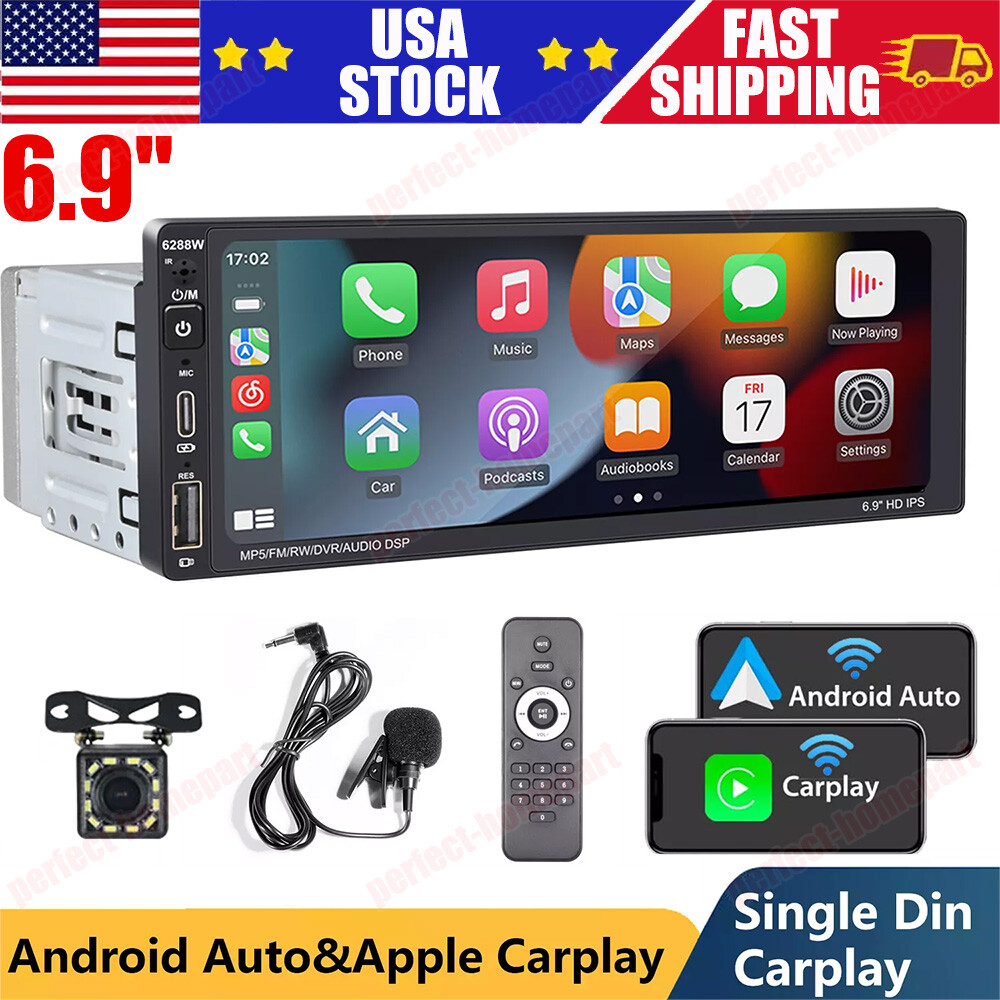 Single Din Car Stereo Wireless Apple CarPlay 6.9 touchscreen Bluetooth Radio USB