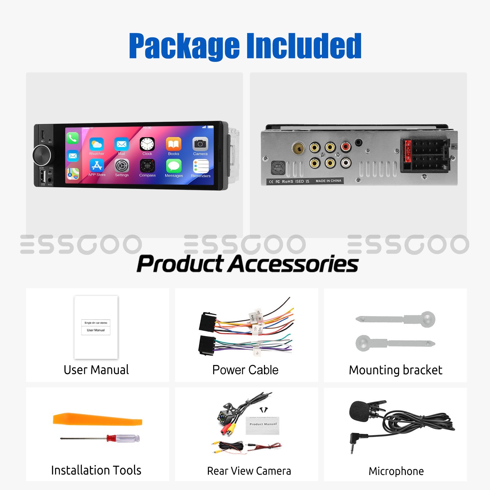 Single 1DIN 6.36″ Apple CarPlay Car Radio Stereo MIC&Camera USB Bluetooth FM AUX