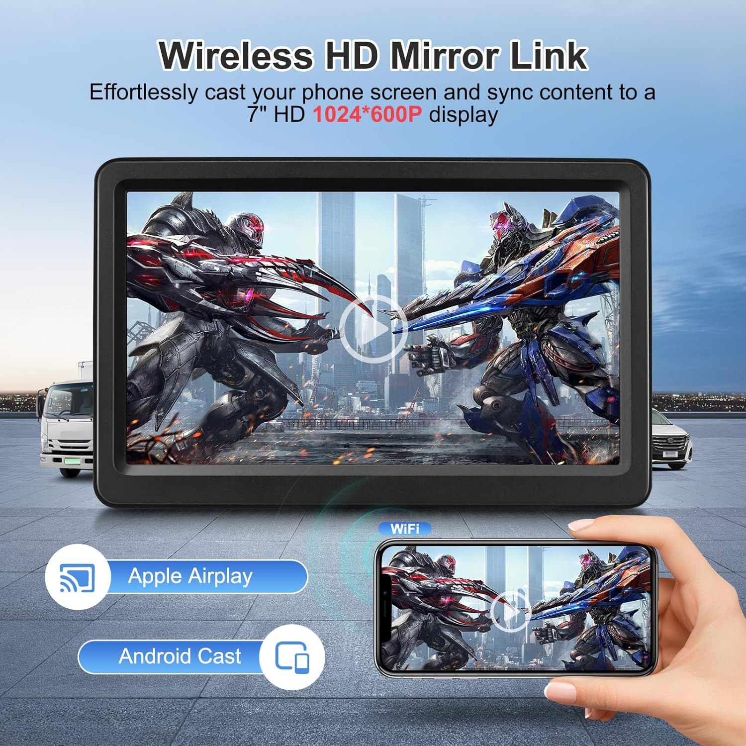 Carplay Screen for Car, 7″ Wireless Carplay & Android Auto, Portable HD Touchscr