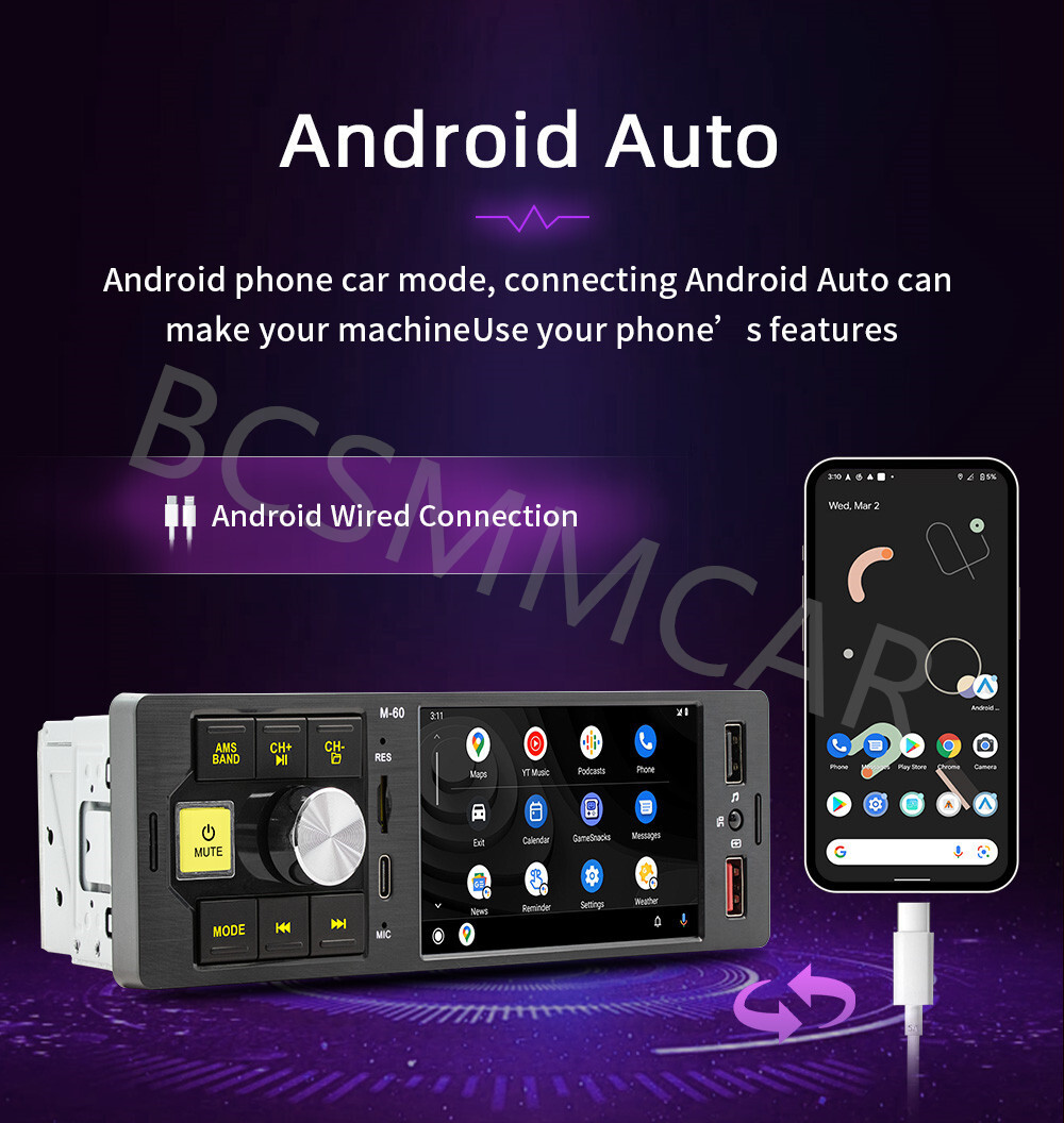 1Din 4.1in Car Stereo Player Bluetooth AUX USB FM Radio Android Auto W/Camera