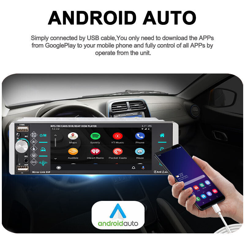 5.1″ Single 1 Din Car Radio Touch Screen Carplay Bluetooth MP5 Player FM/USB/AUX