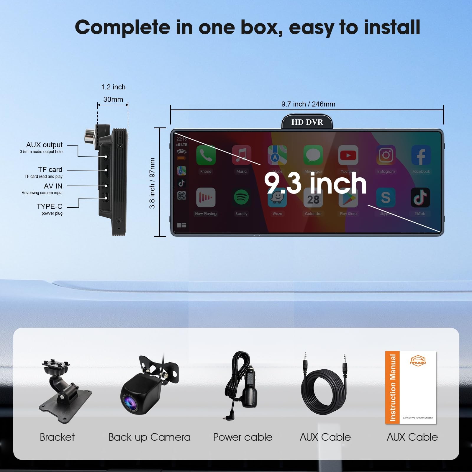 Haudio 9.3” Portable Wireless CarPlay Touch Screen, Plug & 9.26inch, BLACK