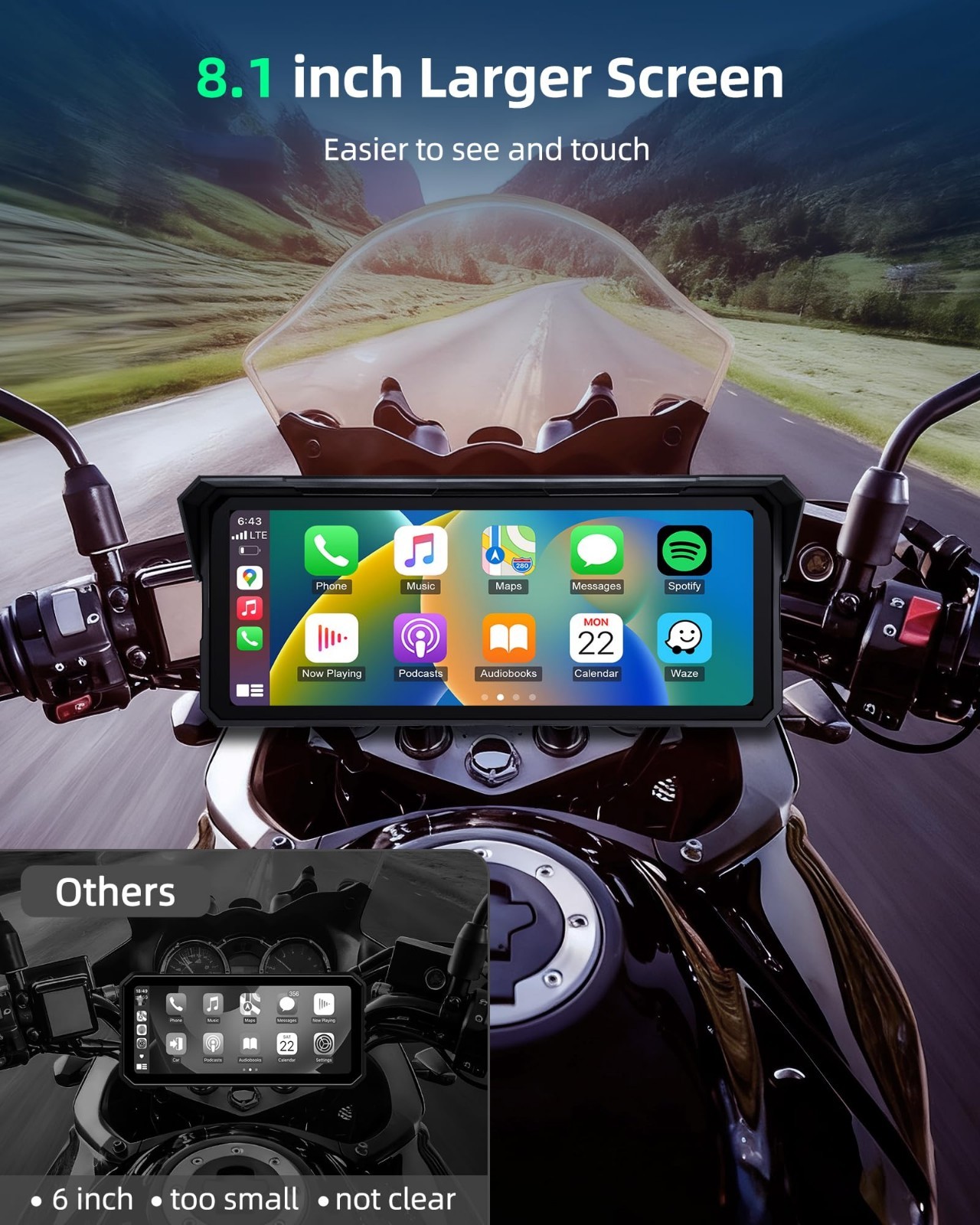4K Motorcycle CarPlay Screen 8.1″ w/ Dash Cam, GPS, Voice Control, Dual Bluetoot