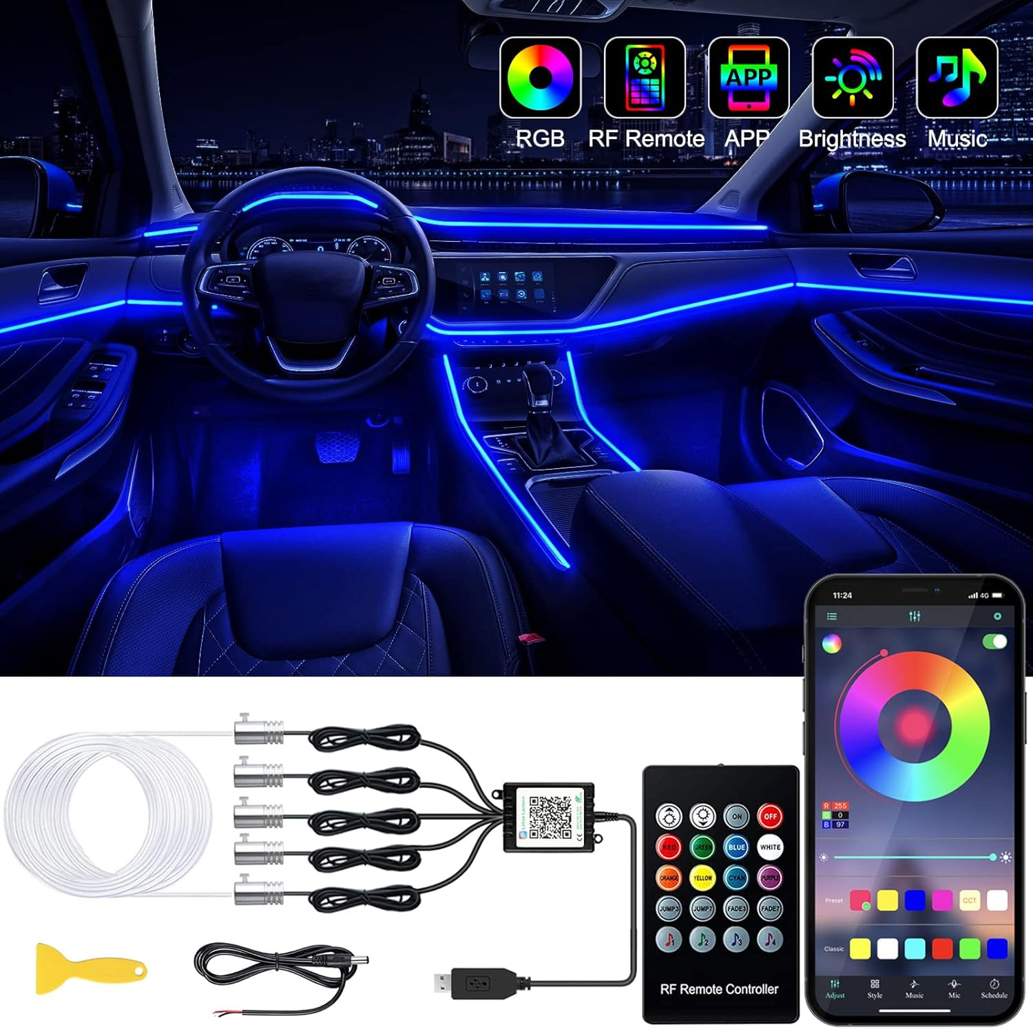 Car LED Strip Lights, USB Interior Ambient Lighting Kits with Wireless APP and R