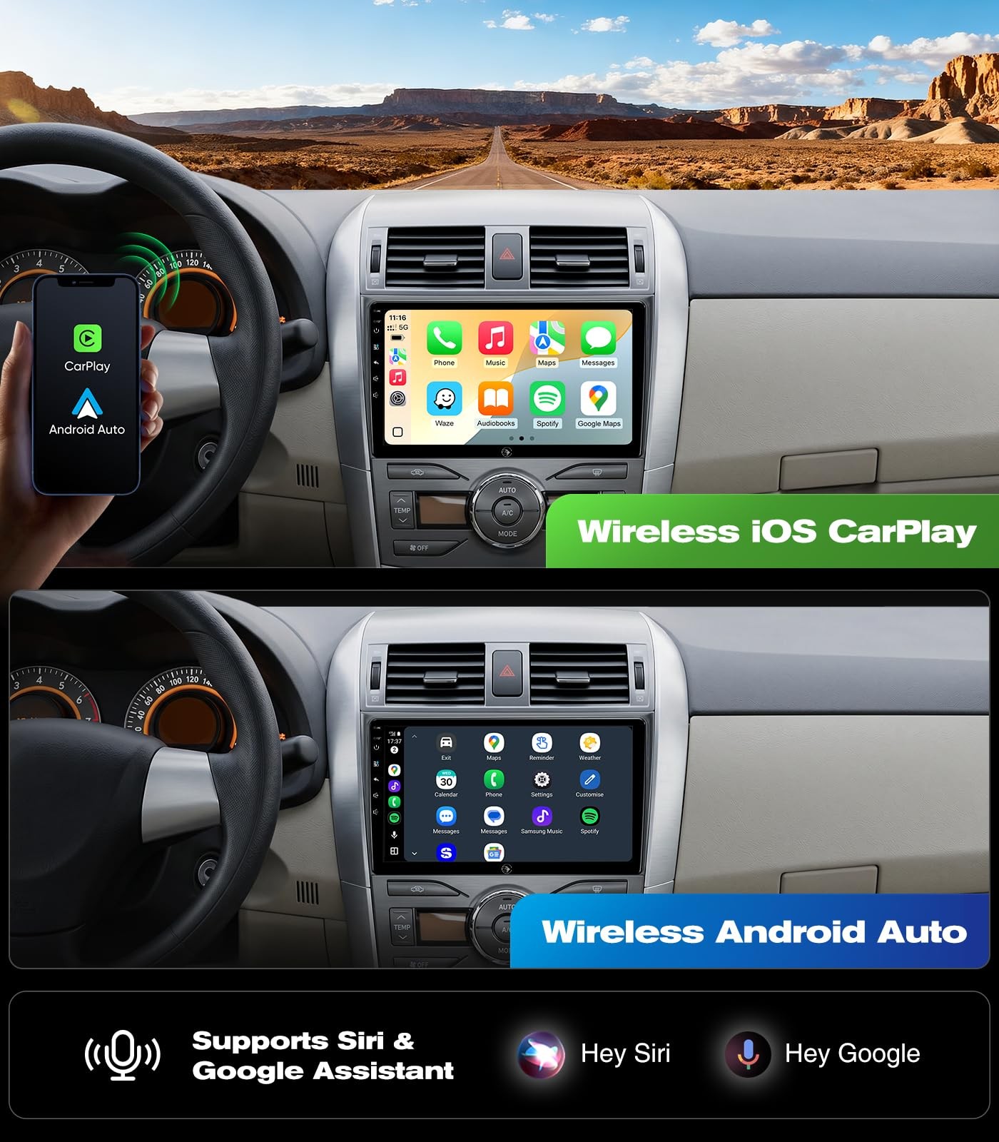 Wireless CarPlay Android Auto 9″ Car Stereo for Toyota Corolla 2008-2013