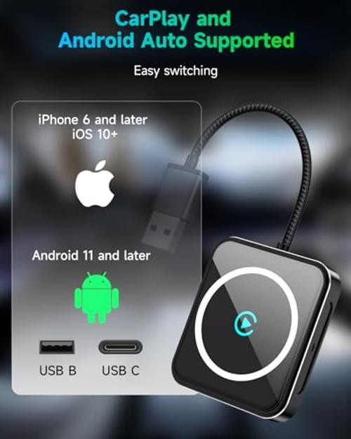 Wireless CarPlay and Android Auto Adapter, USB-A/C, 2-in-1 Compact Auto Black