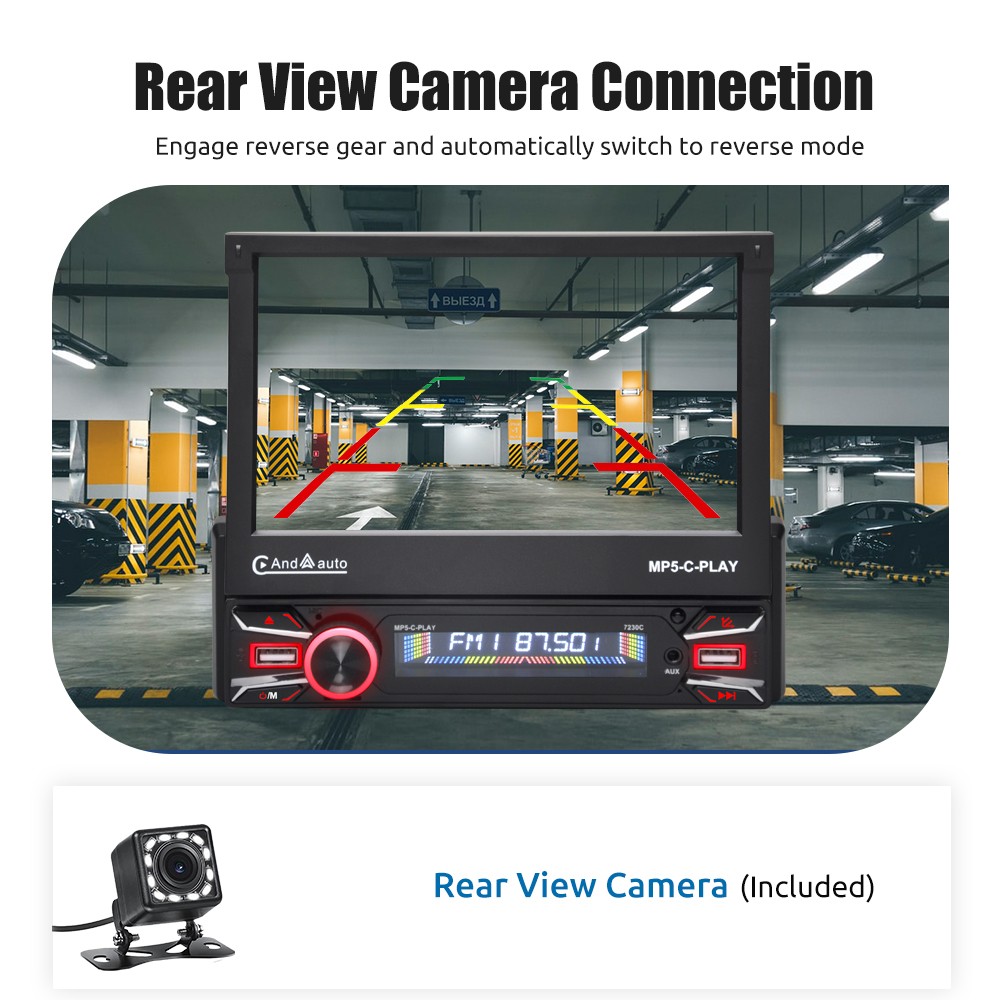 7″ Flip Out Car Stereo Apple CarPlay Single 1DIN MP5 Player USB BT FM+MIC&CAMERA