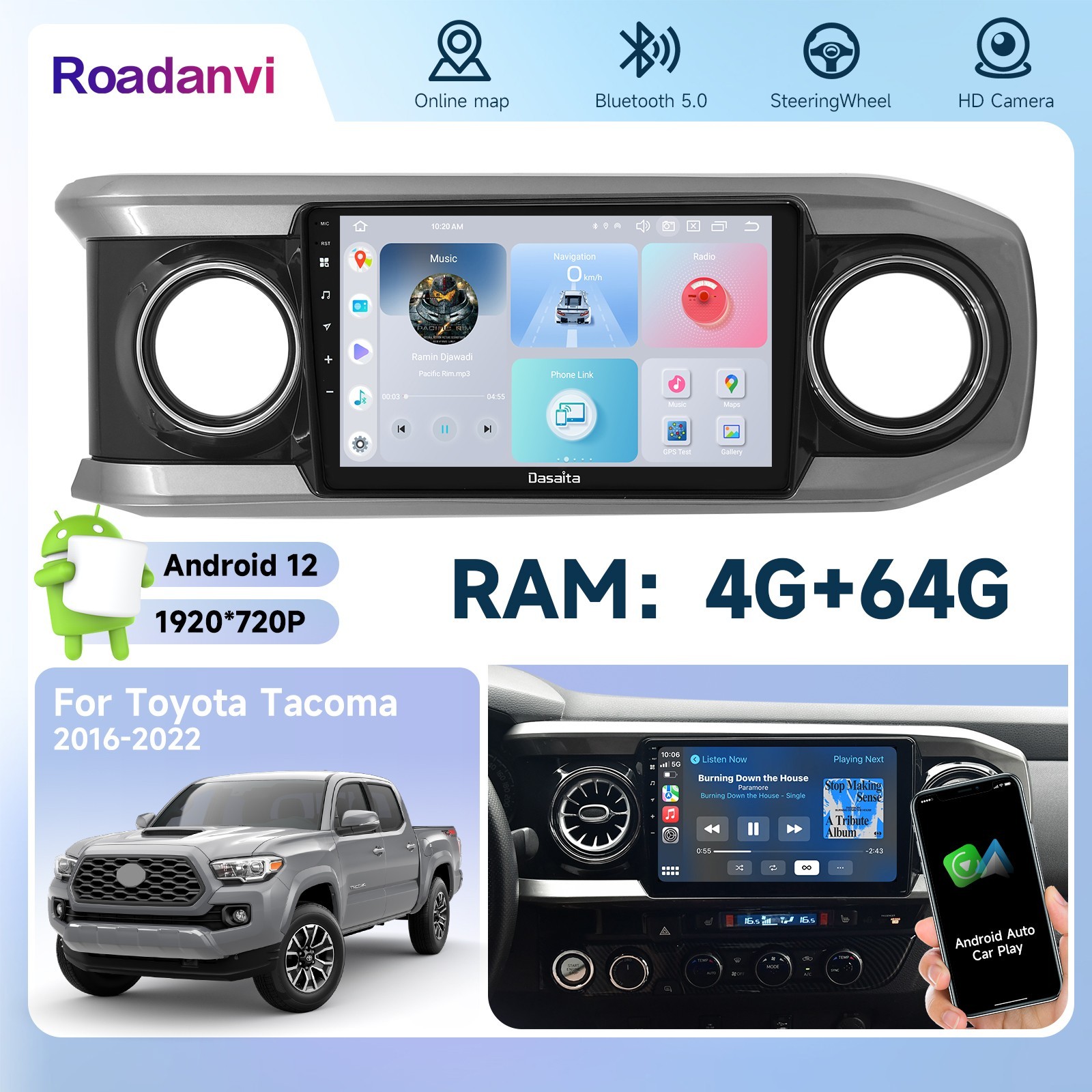 Roadanvi X12 Car Stereo CarPlay Touch Screen WiFi for Toyota Tacoma 2016-2022