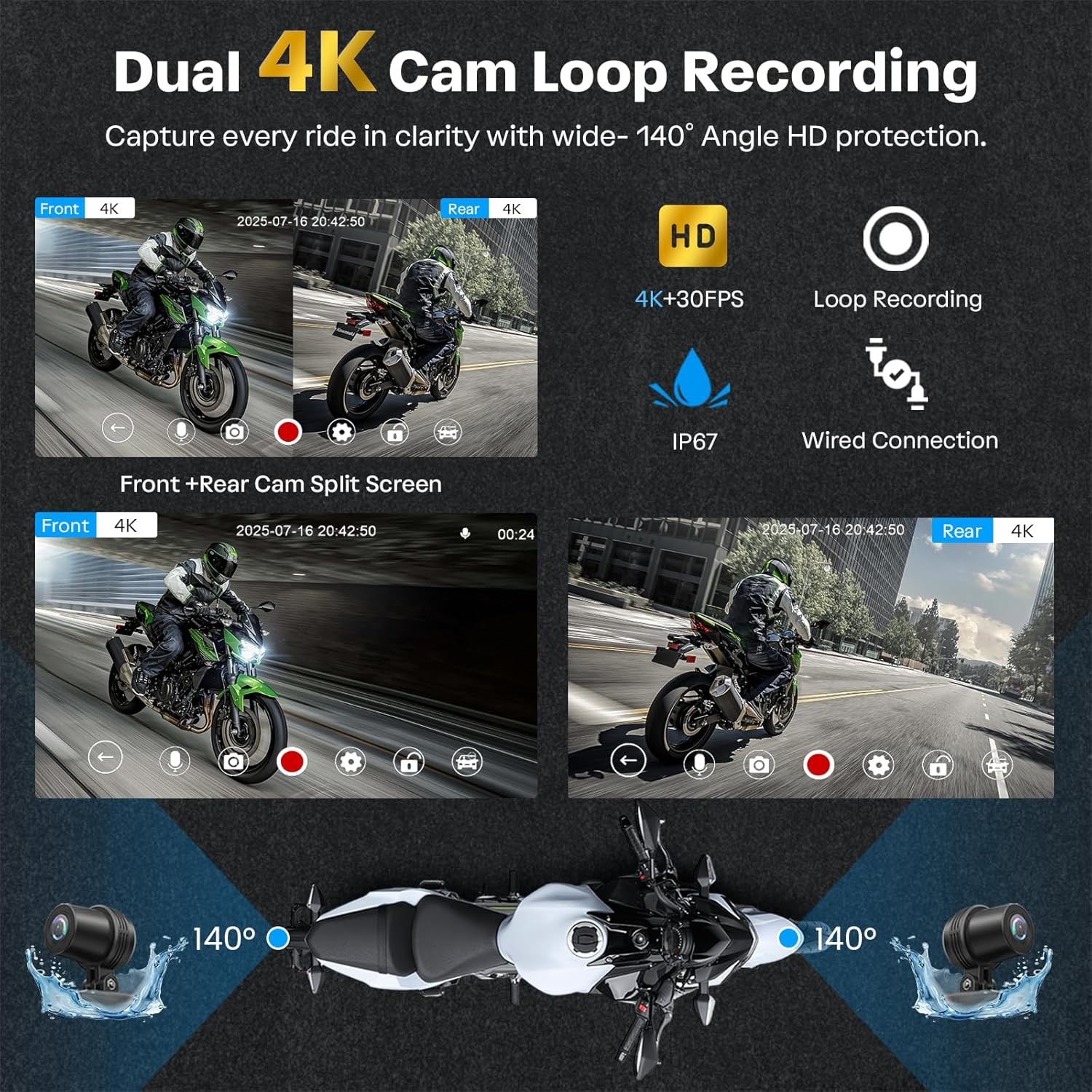 7in Motorcycle carplay Screen GPS 4K Dual Dash Camera,Bluetooth Audio BSD TPMS