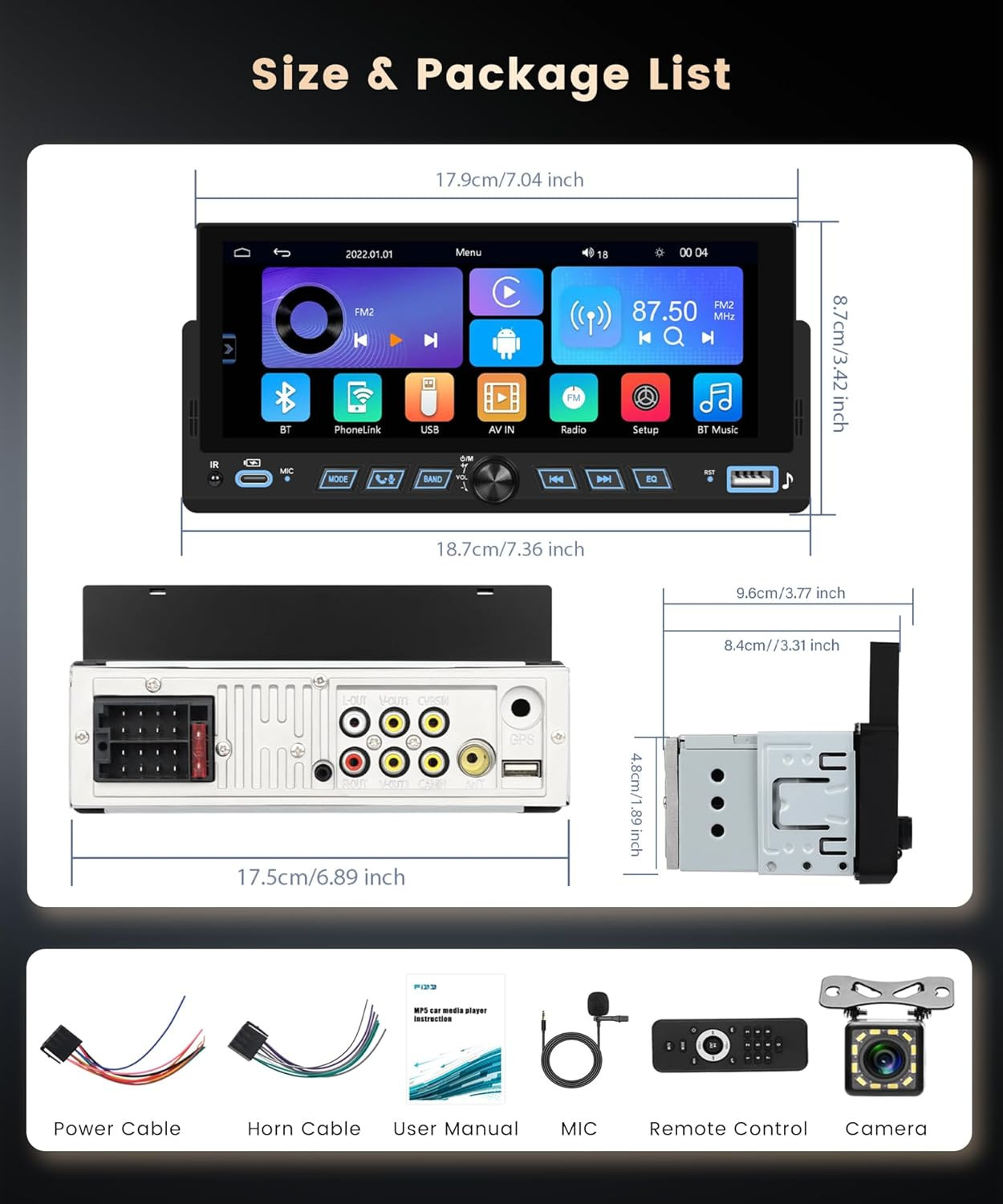Single DIN Car Stereowireless Carplay Android Auto, 6.86-Inch Touch Screen Car R