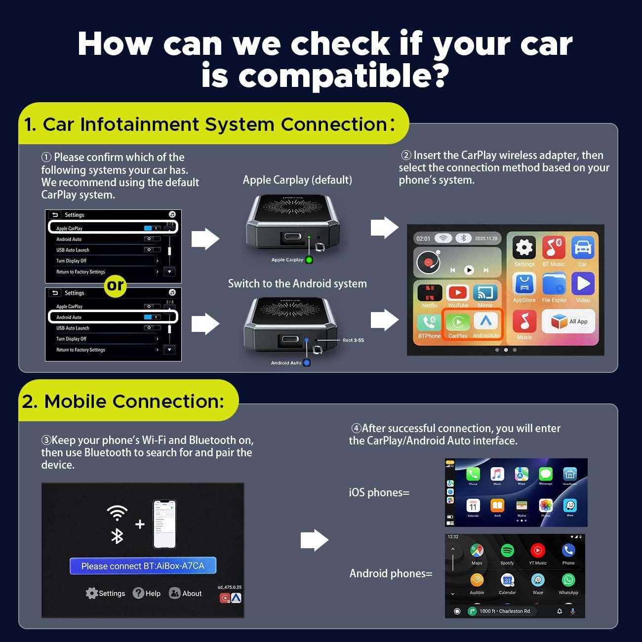 LAMTTO Wired to Wireless CarPlay Adapter Car AI Console, Gemini AI&Apps Download