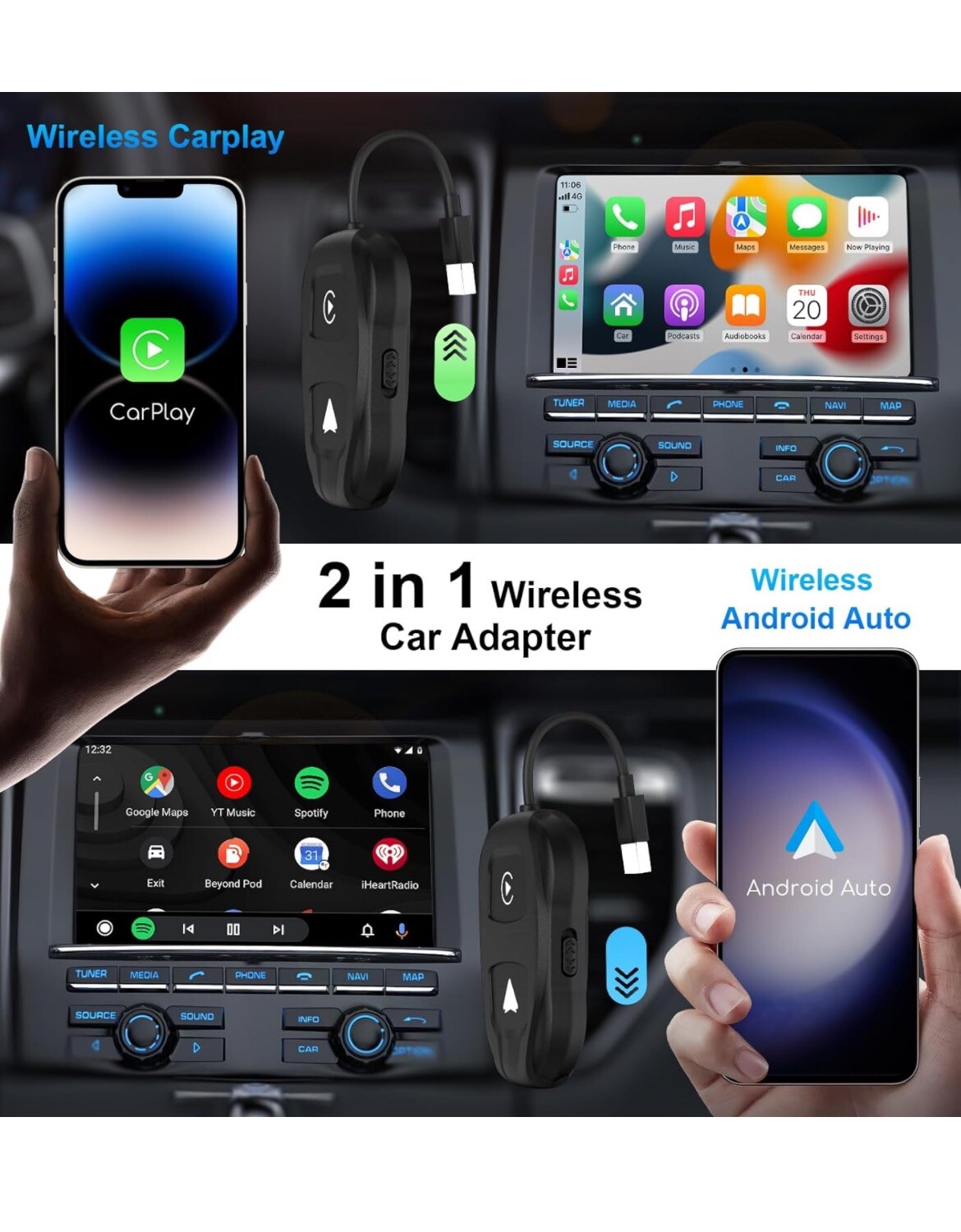 2-in-1 Wireless CarPlay Adapter & Android Auto 2024 Upgrade Dongle.