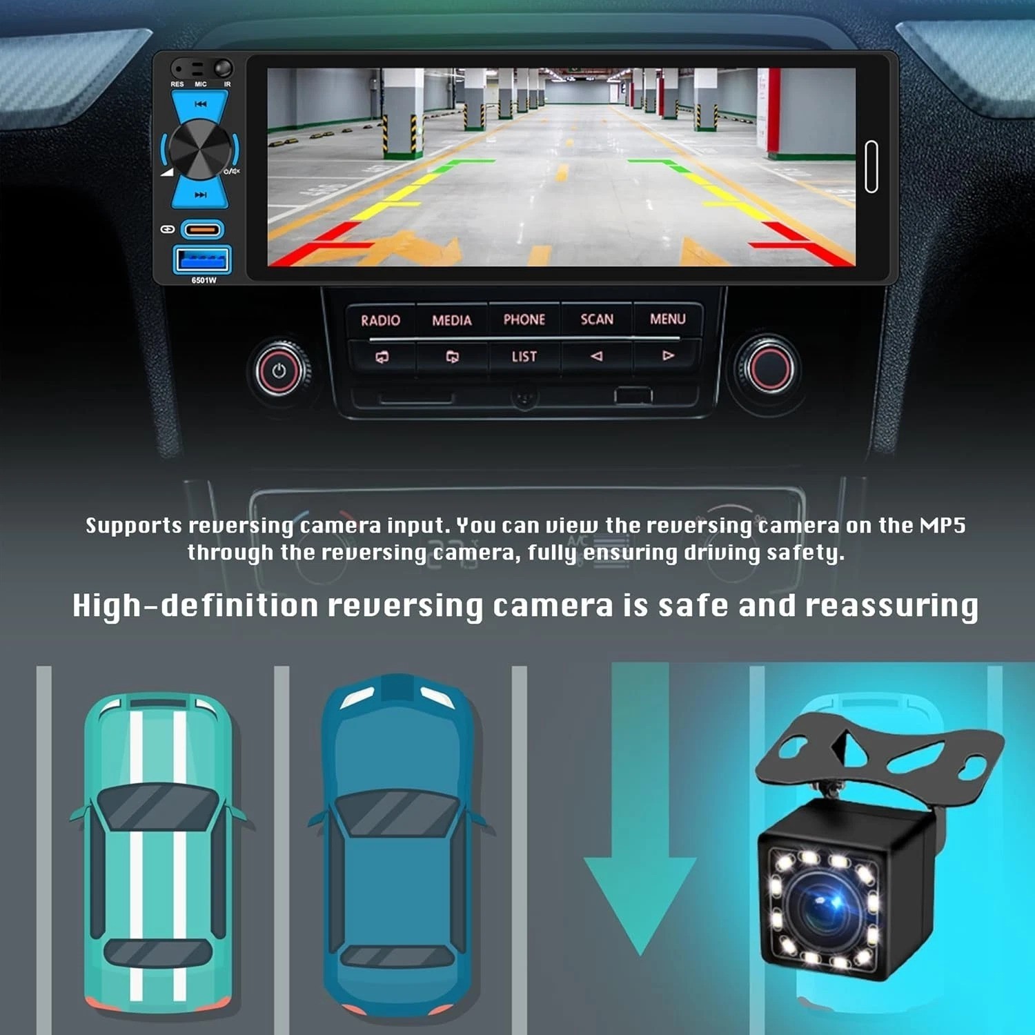 6.5″ Single Din Car Stereo Wireless Apple CarPlay Android Auto, Car Radio Blu…