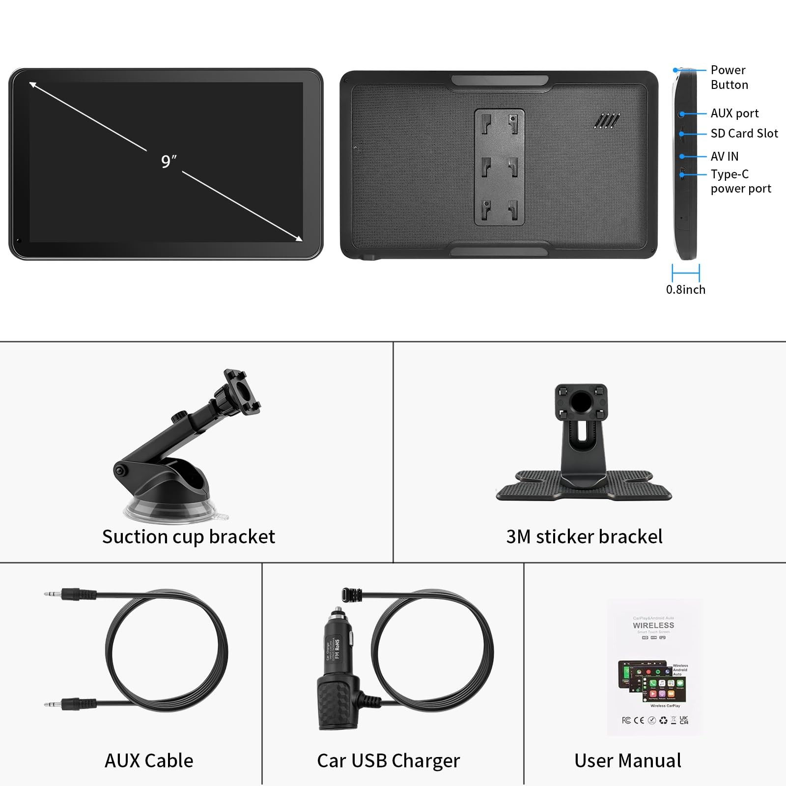 CarPlay Screen for Car, 9” Wireless CarPlay & Android Auto – Smart Portable
