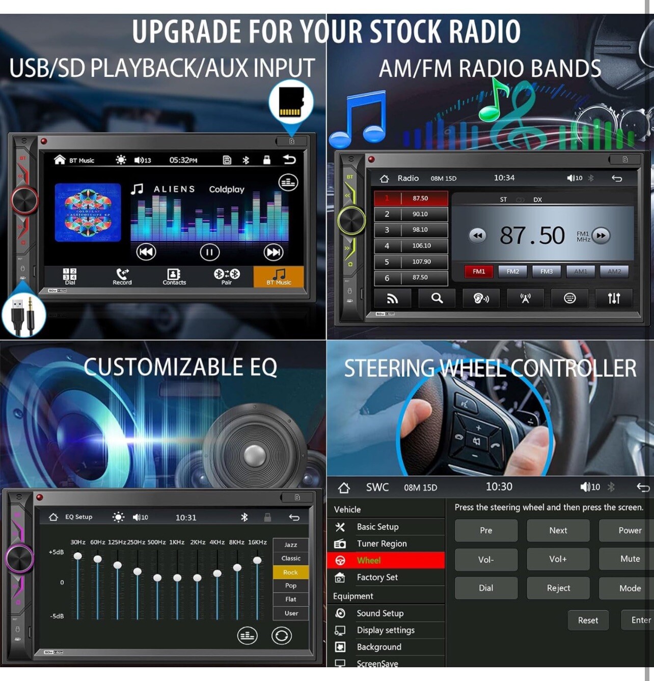Double Din Car Stereo with Bluetooth: 7inch HD Car Multimedia Receiver MP5