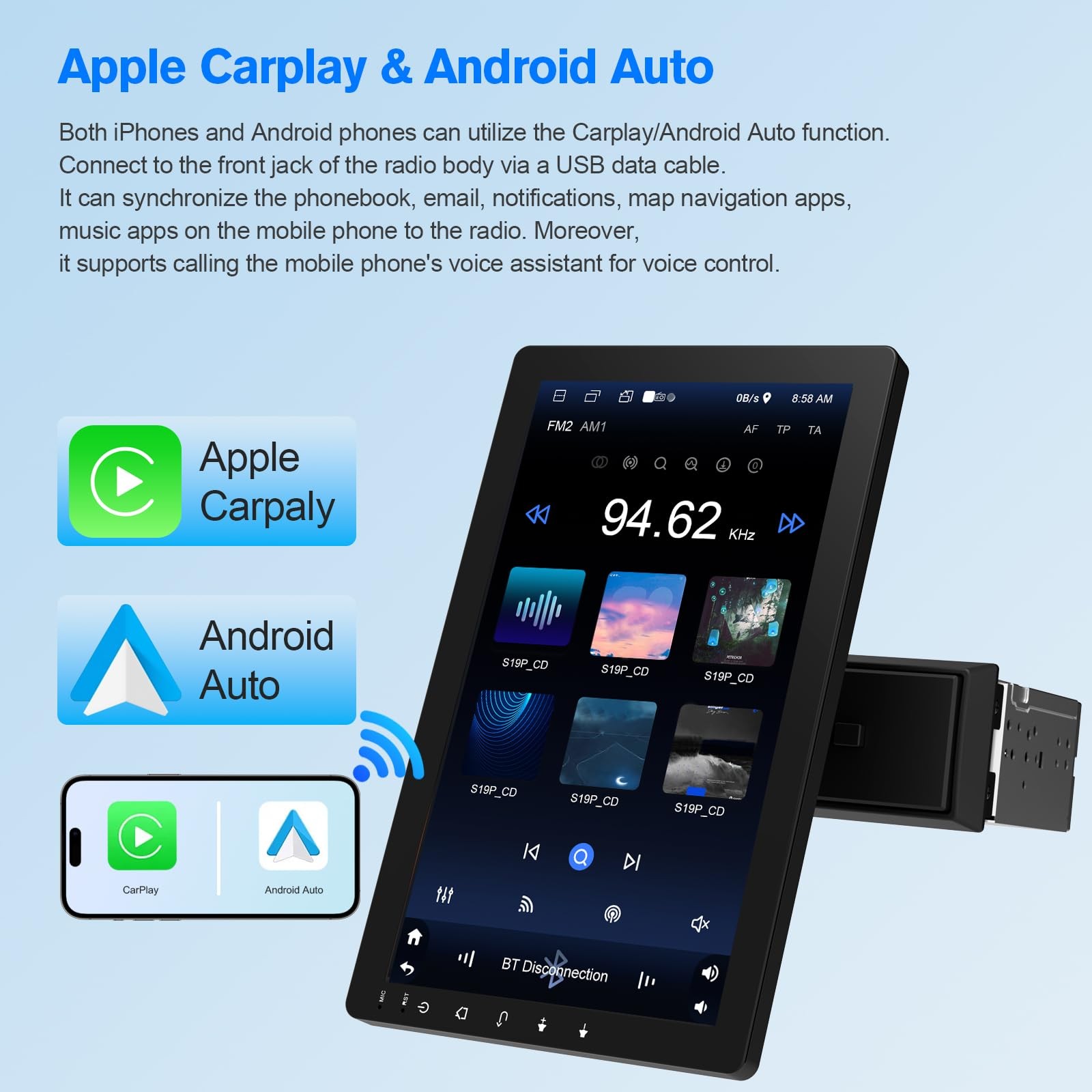 10.1″ Rotatable Touch Screen Car Stereo Single Din – Android 10.1-inch, black
