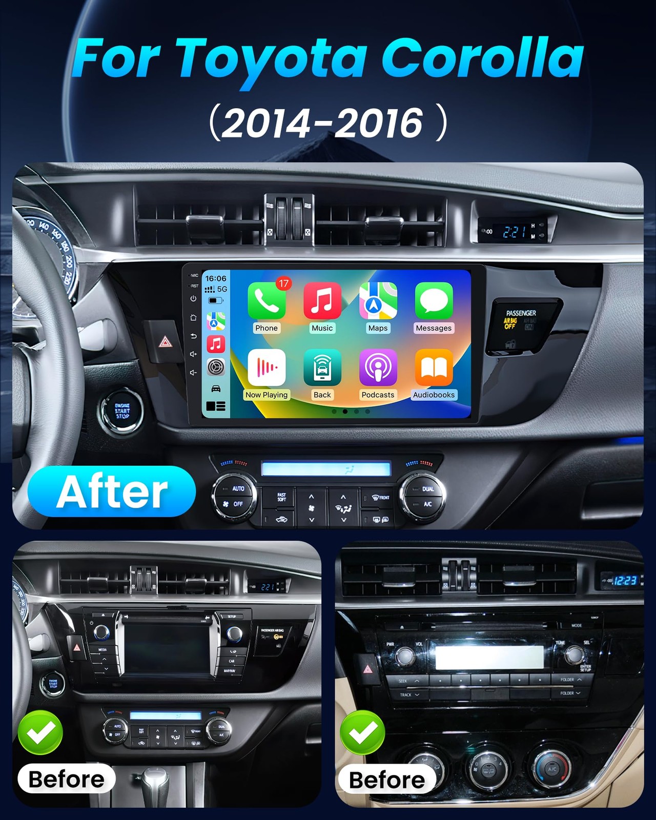 9″ Touchscreen Wireless Carplay Android Auto Stereo for 2014-2016 Toyota Corolla