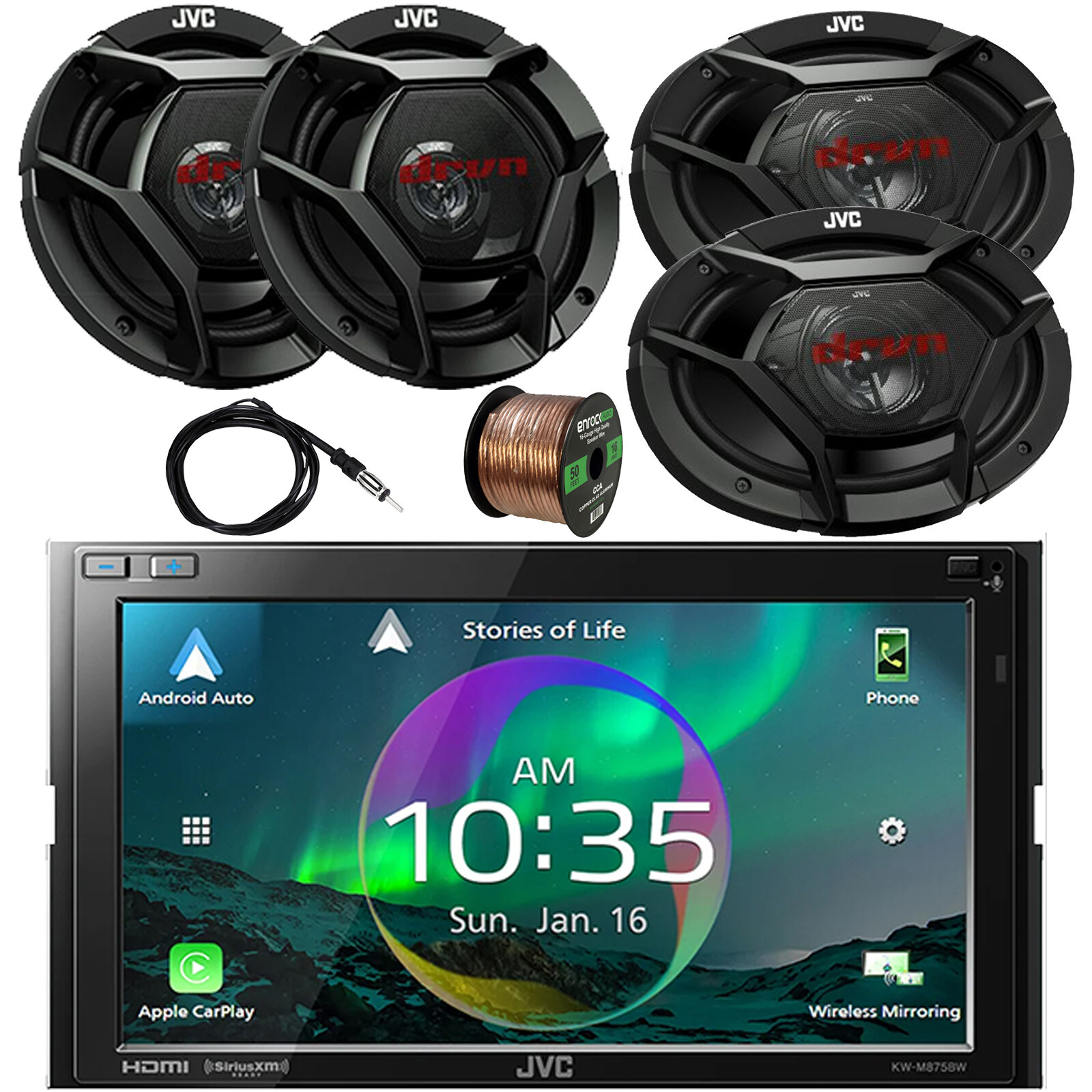 JVC 6.8″ Touchscreen WiFi Radio, 2x 6×9″ Speaker, 2x 6.5″ Speaker, Antenna, Wire