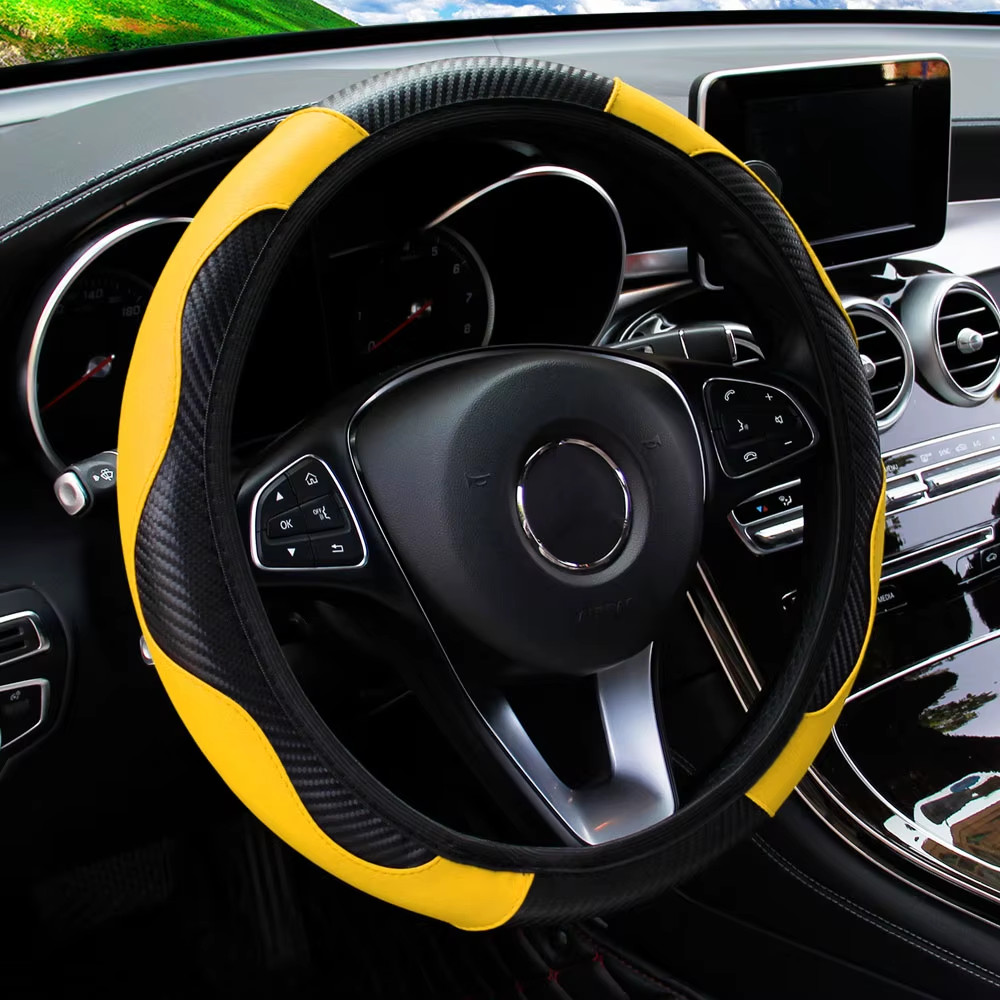 PU Carbon Fiber Leather Car Steering Wheel Cover without Inner Ring Suitable for