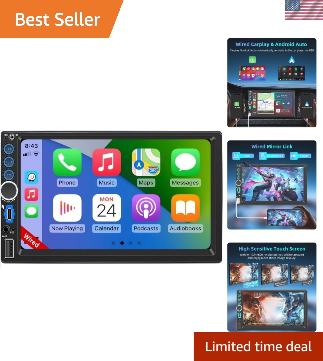 Double Din Bluetooth Car Stereo with FM Radio & Mirror Link for Modern Vehicles