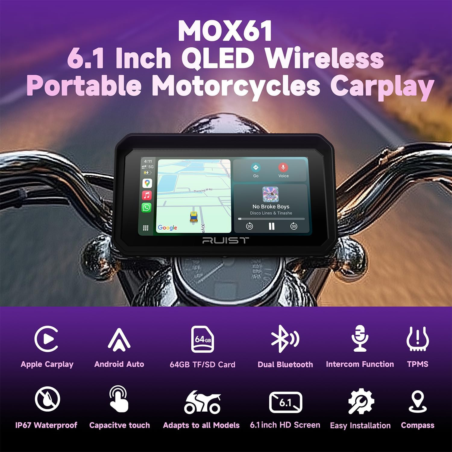 MOX61 Motorcycle Carplay HD Touchscreen 6.1″, Wireless Apple Carplay & Android A