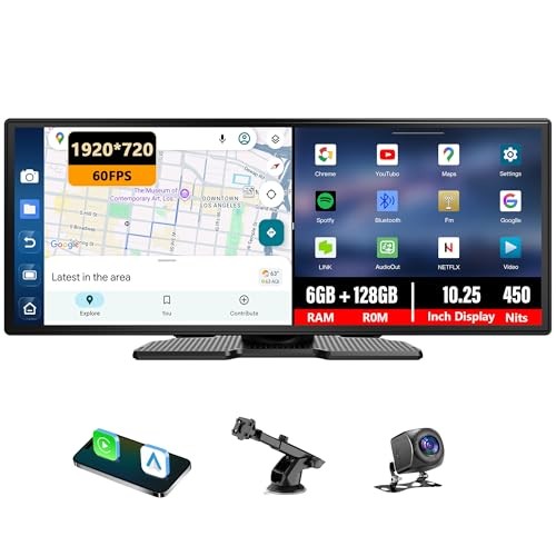 10.25″ CarPlay Screen with Dashcam & Apps, Built-in Google-Play & 6GB+128GB,