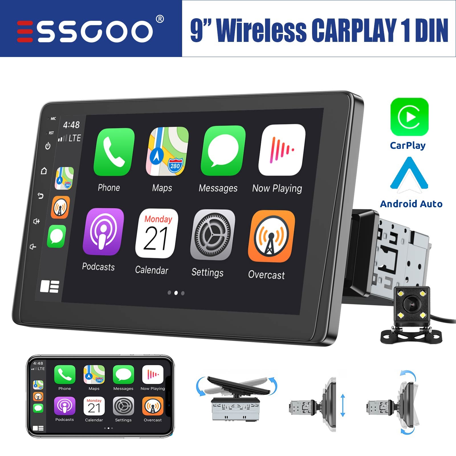 1 DIN 9″ Car Stereo Radio CarPlay Android Auto Adjustable Screen USB AUX-IN Cam