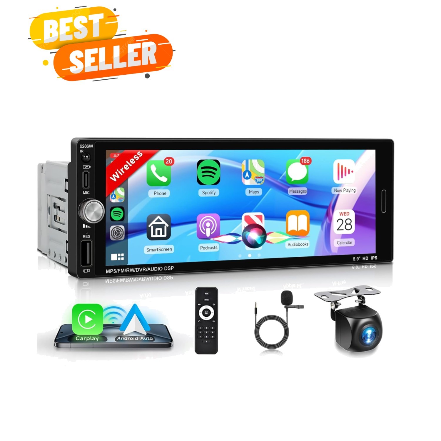 6.9” Single Din Car Stereo with Wireless CarPlay Android Auto, 1280 * 480 HD…