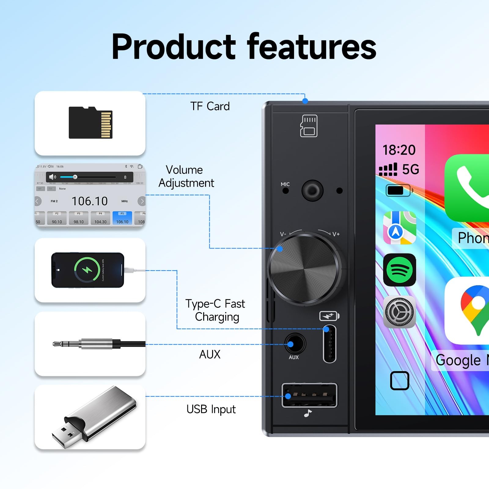 Single Din Car Stereo with Carplay Android Auto,6 Inch in-Cell Touch Screen,…