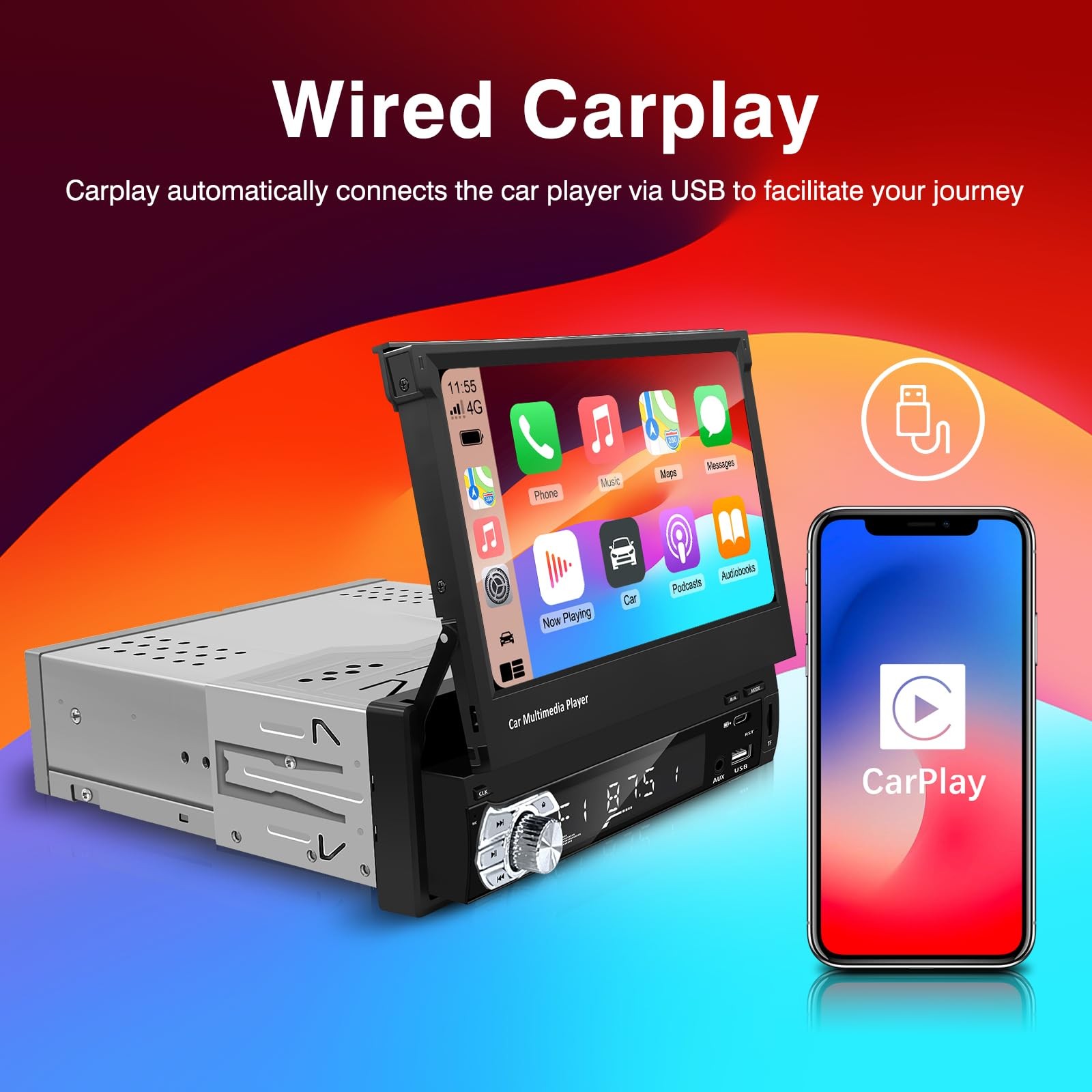 Type-C&USB Single-Din-Carplay& Android-Auto-Car-Radio 7-inch Flip Out Touchsc…
