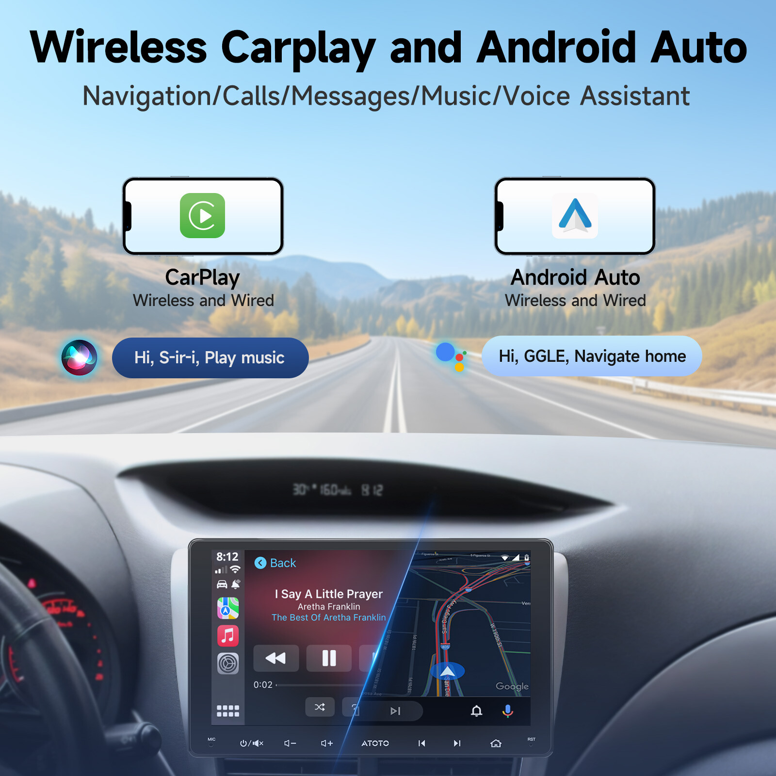 ATOTO 9″ Double Din Car Stereo SiriusXM Wireless Carplay Head Unit w/Backup Cam