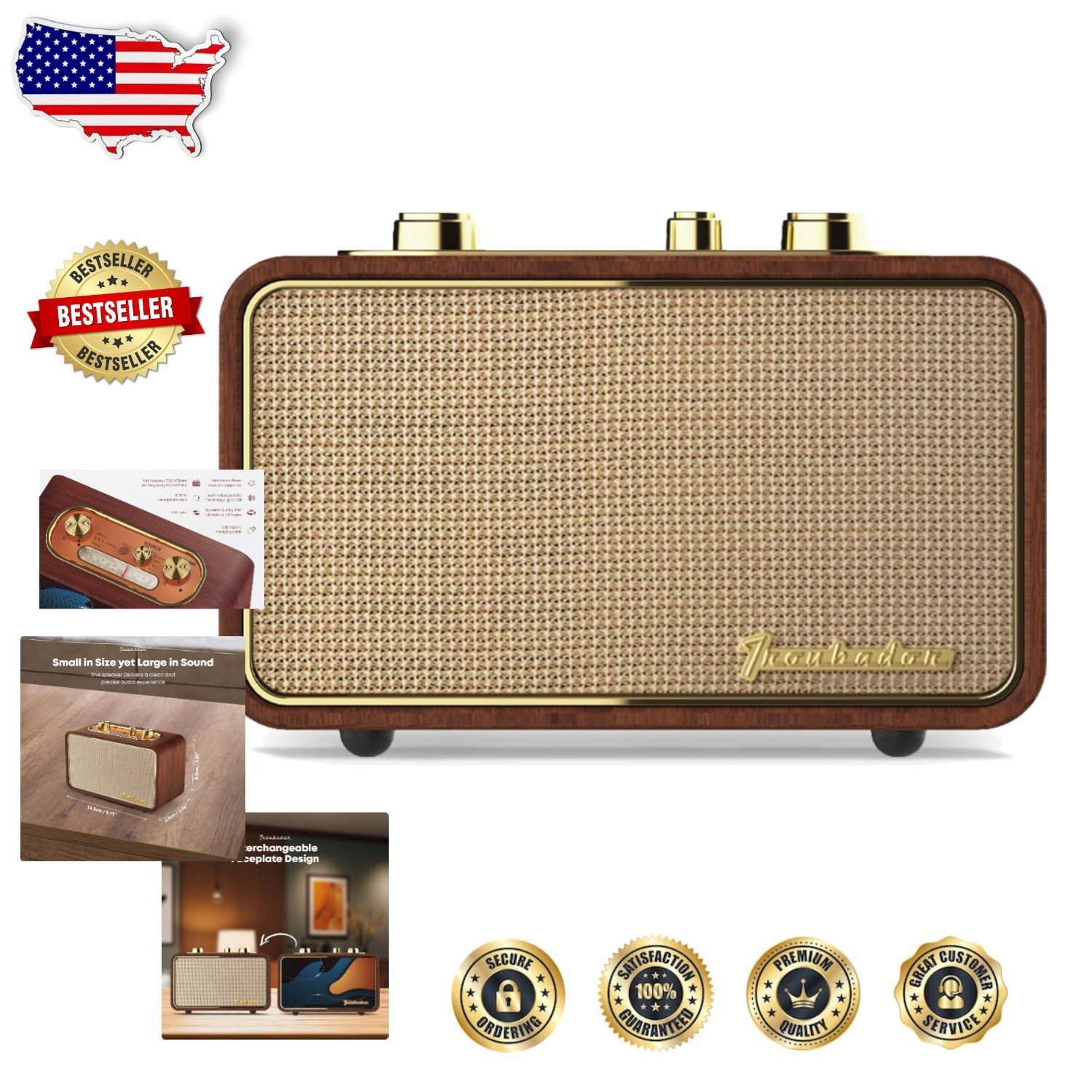 Retro Wood Bluetooth Radio, Vintage AM/FM Speaker, 10W Subwoofer, AUX, Retro …