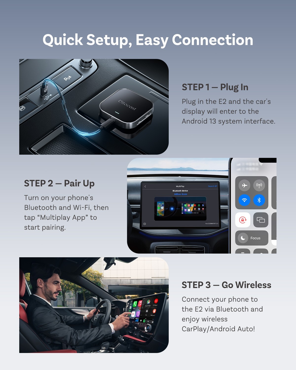 E2 Android 13 Car AI Box Wireless CarPlay Android Auto OttoDrive 2.5 Plug & Play