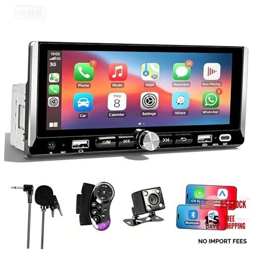 Single Din Car Stereo with Wireless Apple Carplay and Android Auto, 6.86″ IPS