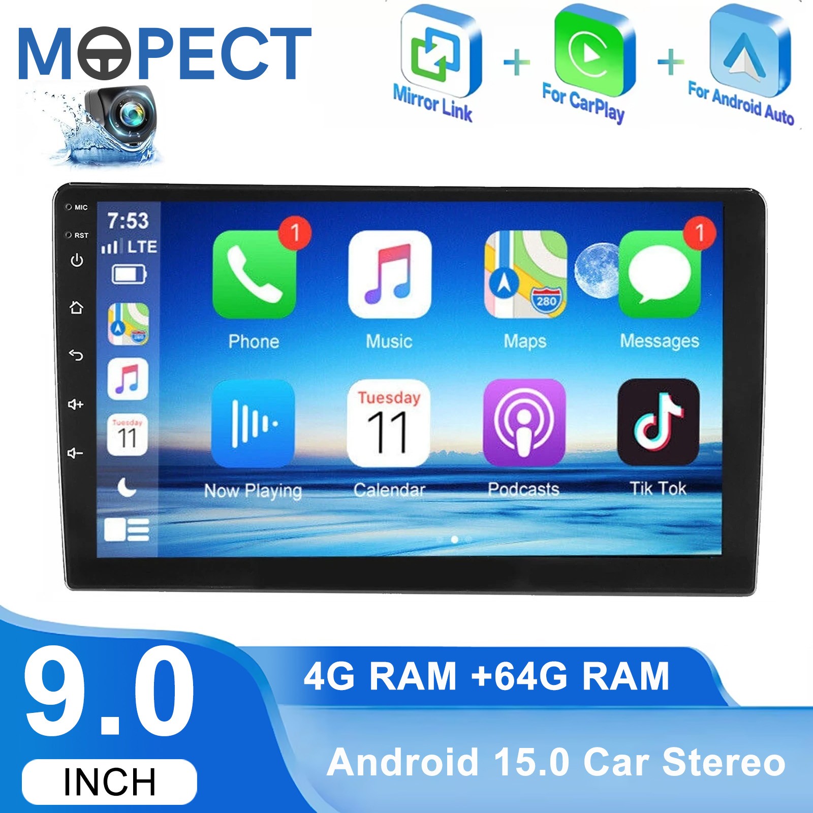 4+64GB 9 inch Double 2Din Android 15 Car Stereo Radio GPS Navi WiFi Carplay +Cam
