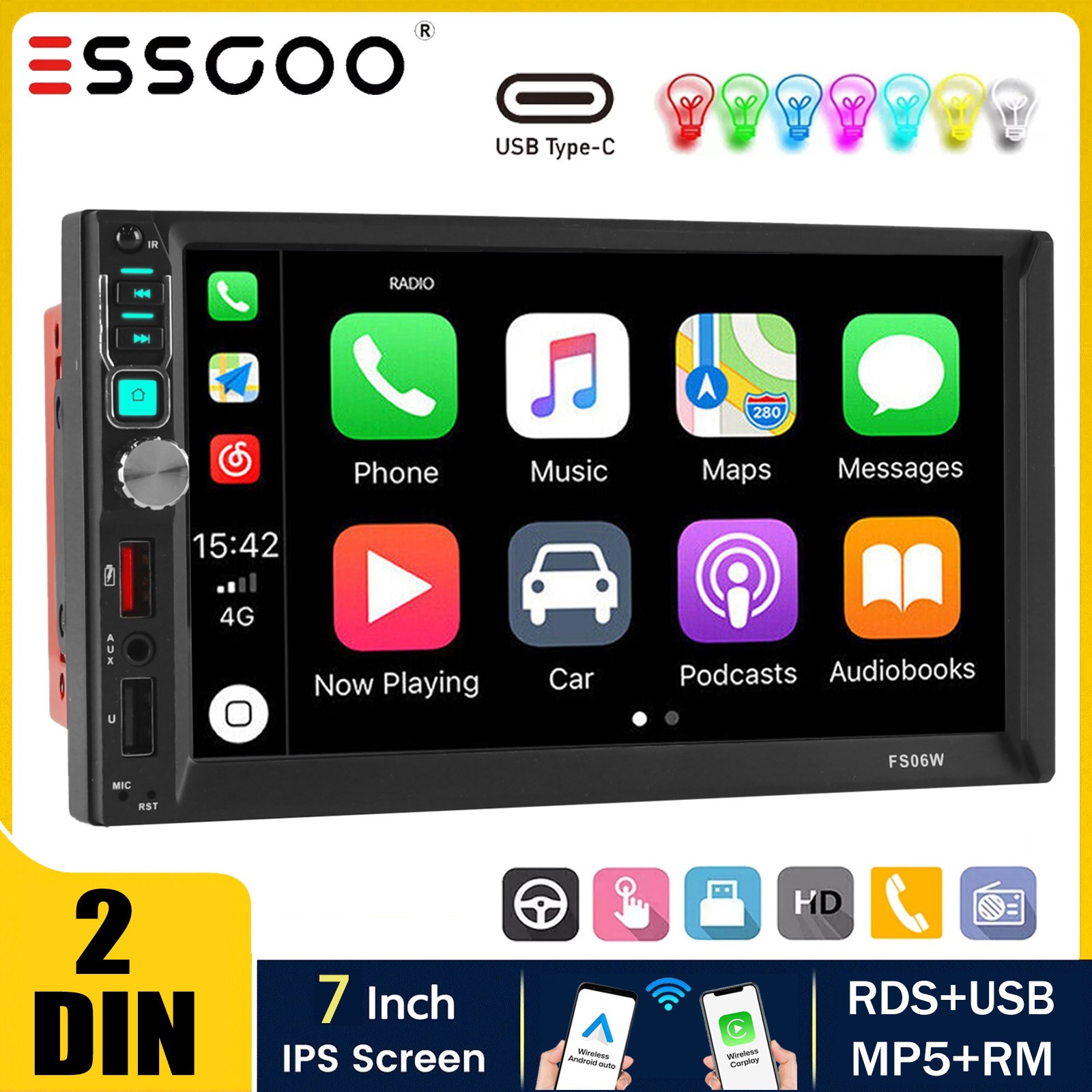 Double 7″ 2Din Touch Screen Car Stereo Bluetooth Radio Apple/Android Carplay BT